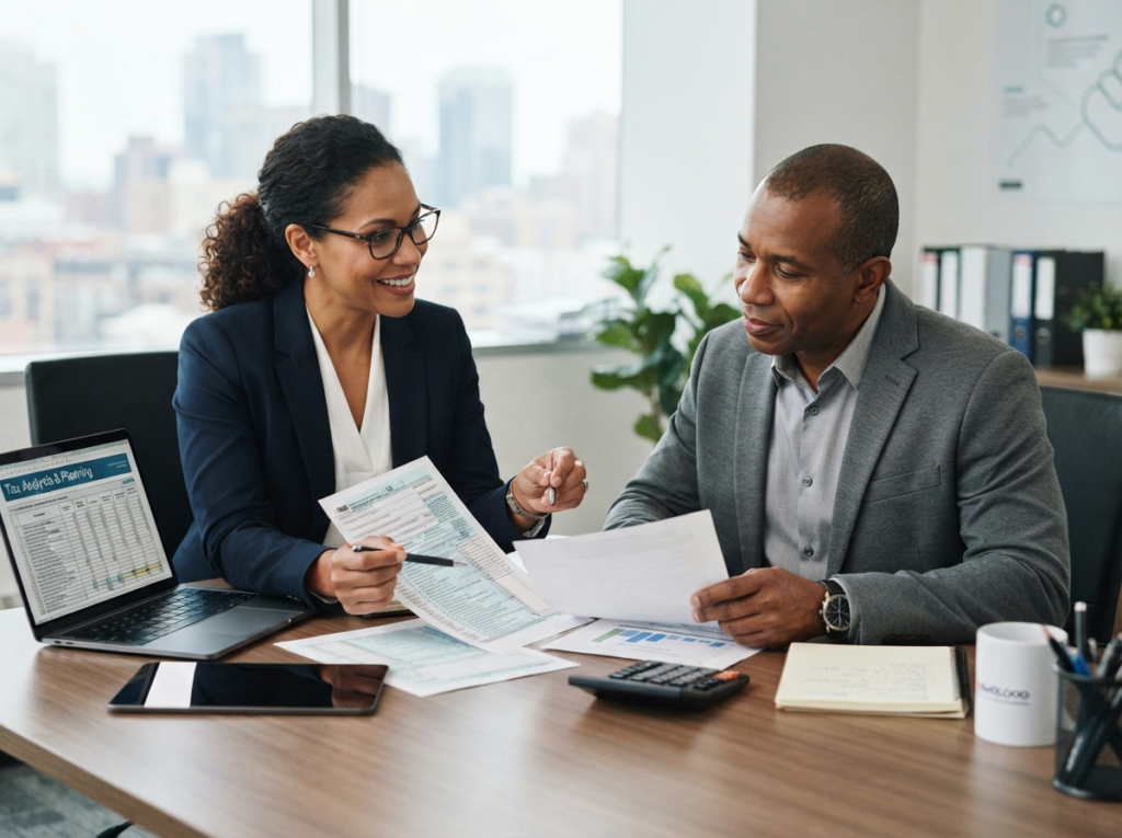 Tax professional discussing quarterly tax planning with a client