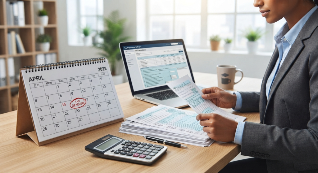 Calendar and documents showing quarterly tax payment deadlines