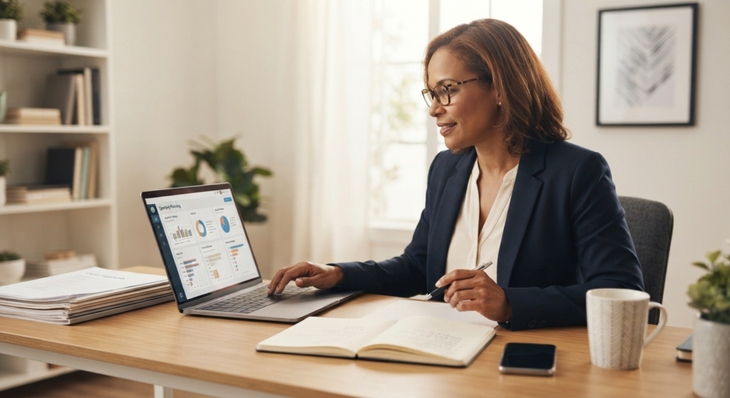 Self-employed professionals reviewing quarterly tax documents