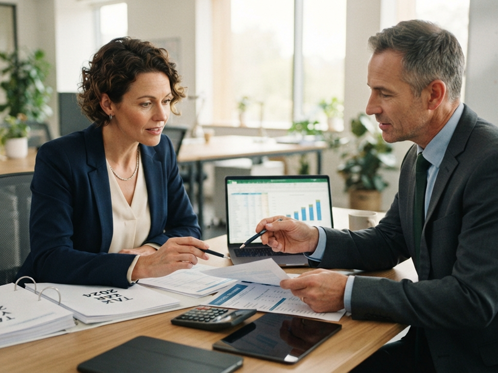 Business owners discussing tax planning with a financial professional